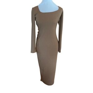 SEE YOU MONDAY NWT Ribbed Knit Square Neck Long Sleeve Dress Camel L bodycon tan